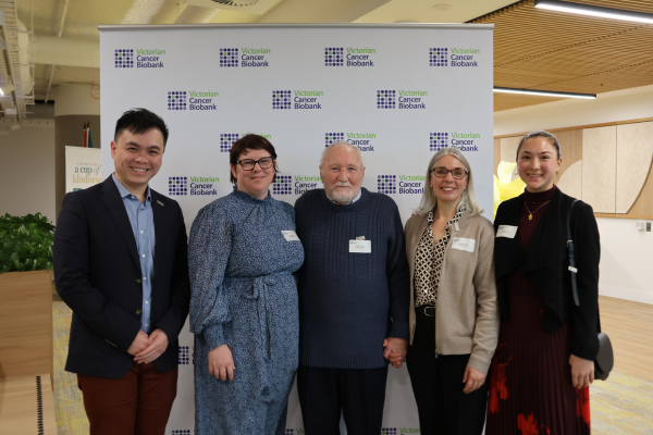 Dr Wayne Ng (General Manager, VCB), Dr Heidi Gaulke (Director Operations, Discovery & Innovations Unit, AH), Dr John R Wood (AH patient donor), Angela Mountain (Manager - Austin Health Tissue Bank) & Jaslyn Potter (Coordinator - Austin Health Tissue Bank)